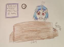 Size: 1343x997 | Tagged: safe, artist:rapidsnap, dj pon-3, vinyl scratch, pony, g4, alarm clock, clock, couch, female, shocked, solo, traditional art