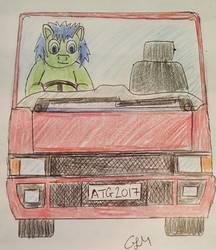 Size: 941x1090 | Tagged: safe, artist:rapidsnap, oc, oc only, oc:rapidsnap, pony, car, driving, road trip, solo, traditional art