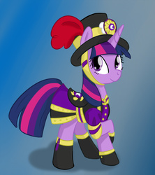 Size: 1092x1230 | Tagged: source needed, safe, artist:yukkuripalehorse, twilight sparkle, alicorn, pony, g4, boots, clothes, crossed legs, cute, dress, female, gradient background, hat, lifted leg, looking at you, mare, raised hoof, saddle, shoes, smiling, solo, tack, twiabetes, twilight sparkle (alicorn), uniform