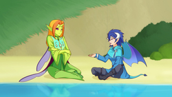 Size: 1280x720 | Tagged: safe, artist:jonfawkes, princess ember, thorax, changedling, changeling, elf, human, g4, triple threat, androgynous, clothes, elf ears, female, horn, horned humanization, humanized, interspecies, king thorax, lake, male, open mouth, scene interpretation, ship:embrax, shipping, sitting, straight, winged humanization, wings