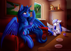 Size: 5100x3700 | Tagged: safe, artist:klarapl, oc, oc only, alicorn, pony, absurd resolution, alicornified, commission, couch, cup, eyes closed, open mouth, plate, race swap, sitting, tea party, teacup, underhoof