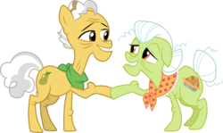 Size: 5019x3001 | Tagged: safe, artist:cloudy glow, grand pear, granny smith, earth pony, pony, g4, the perfect pear, duo, female, looking at each other, male, mare, simple background, smiling, stallion, transparent background, vector