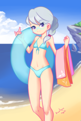Size: 1280x1920 | Tagged: safe, artist:drantyno, silver spoon, human, g4, beach, belly button, bikini, blue swimsuit, clothes, female, humanized, inflatable, inner tube, looking at you, older, pool toy, smiling, solo, string bikini, swimsuit, towel, water