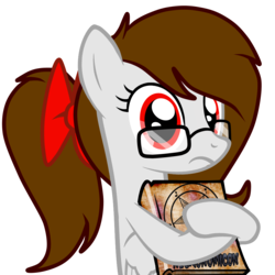 Size: 2800x2797 | Tagged: safe, artist:rsa.fim, oc, oc only, oc:whisper hope, pegasus, pony, alternate hairstyle, book, bow, female, glasses, high res, mare, mexican, necronomicon, nerd, nerd pony, red eyes, ribbon, simple background, solo, transparent background, unitárium, vector, younger
