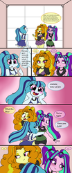 Size: 1000x2400 | Tagged: safe, artist:queentigrel, adagio dazzle, aria blaze, sonata dusk, equestria girls, g4, my little pony equestria girls: rainbow rocks, blushing, breasts, cleavage, clothes, comic, compression shorts, crossed arms, cute, dialogue, dress, eyes closed, heartwarming, hug, paper, pigtails, ponytail, skirt, smiling, sonatabetes, speech bubble, the dazzlings, trio, twintails