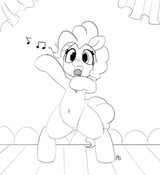 Size: 1280x1400 | Tagged: safe, artist:pabbley, pinkie pie, earth pony, pony, g4, 30 minute art challenge, belly button, bipedal, female, microphone, monochrome, music notes, open mouth, pubic mound, singing, solo, stage