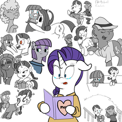 Size: 2500x2500 | Tagged: safe, artist:bennimarru, idw, buried treasure, deep strata, hot air, maud pie, rarity, earth pony, pony, unicorn, friends forever #29, g4, my little pony: friends forever, spoiler:comic, atg 2017, comic, female, flat colors, floppy ears, grayscale, high res, mare, monochrome, newbie artist training grounds, partial color, raised hoof, raised leg