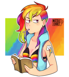 Size: 923x1021 | Tagged: safe, artist:nicoleehret, rainbow dash, human, g4, bikini, bikini top, book, clothes, cutie mark, cutie mark on human, ear piercing, earring, female, humanized, jewelry, piercing, signature, solo, swimsuit, vest