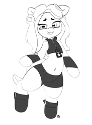 Size: 6487x8853 | Tagged: safe, artist:pabbley, octoling, original species, pony, absurd resolution, belly button, bipedal, clothes, marina (splatoon 2), monochrome, ponified, simple background, smiling, solo, splatoon, white background