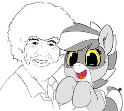 Size: 2934x2618 | Tagged: safe, artist:pabbley, oc, oc only, oc:bandy cyoot, human, raccoon pony, 30 minute art challenge, bob ross, cute, high res, open mouth, partial color, simple background, smiling, white background