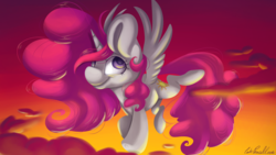 Size: 7016x3955 | Tagged: safe, artist:cutepencilcase, princess celestia, alicorn, pony, g4, absurd resolution, big ears, female, flying, mare, pink-mane celestia, smiling, solo, spread wings, wings