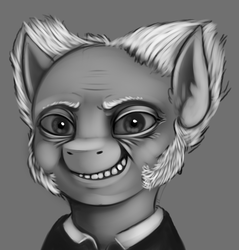 Size: 622x650 | Tagged: safe, artist:dankflank, pony, arthur schopenhauer, gray background, grayscale, looking at you, monochrome, ponified, simple background, smiling, solo, uncanny valley