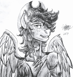 Size: 2408x2523 | Tagged: safe, artist:brainiac, oc, oc only, oc:calamity, pegasus, pony, fallout equestria, chest fluff, clothes, desperado hat, evil grin, freckles, grayscale, grin, hair over one eye, high res, male, monochrome, shoulder fluff, smiling, solo, stallion, traditional art, unshorn fetlocks, wing fluff