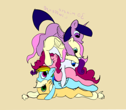 Size: 1600x1389 | Tagged: safe, artist:xbi, applejack, fluttershy, pinkie pie, rainbow dash, rarity, twilight sparkle, alicorn, pony, g4, 30 minute art challenge, cuddling, mane six, missing cutie mark, pony pile, spooning, tower of pony, twilight sparkle (alicorn)