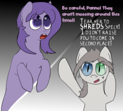 Size: 1410x1280 | Tagged: safe, artist:needthistool, oc, oc only, oc:codpone, oc:nuke, gradient background, heterochromia, text