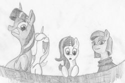 Size: 1155x765 | Tagged: safe, artist:t72b, derpibooru exclusive, maud pie, starlight glimmer, trixie, twilight sparkle, earth pony, pony, g4, facehoof, laughing, monochrome, smiling, traditional art, varying degrees of want