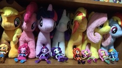 Size: 3047x1689 | Tagged: safe, applejack, fluttershy, pinkie pie, rainbow dash, rarity, sunset shimmer, twilight sparkle, equestria girls, g4, irl, merchandise, photo, plushie