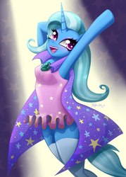 Size: 1000x1400 | Tagged: safe, artist:leffenkitty, trixie, unicorn, anthro, unguligrade anthro, g4, arm hooves, armpits, cape, clothes, eyeshadow, female, makeup, mare, smiling, solo, trixie's cape