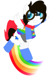 Size: 2300x3300 | Tagged: safe, artist:saveraedae, oc, oc:markey malarkey, pony, boots, cape, clothes, costume, flying, goggles, hero, high res, jacket, looking at you, male, old design, ponified, pride, rainbow, raised hoof, shoes, simple background, smiling, solo, super gay, the mark side, transparent background, wrong cutie mark