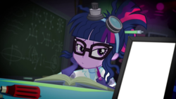 Size: 1920x1080 | Tagged: safe, edit, edited screencap, editor:alexlayer, screencap, sci-twi, twilight sparkle, equestria girls, g4, mad twience, my little pony equestria girls: summertime shorts, book, exploitable, laboratory, sci-twi's portrait, simple background, smiling, transparent background