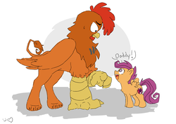 Size: 3010x2134 | Tagged: safe, anonymous artist, scootaloo, griffon, g4, 4chan, chicken griffon, colored, drawthread, duo, funny, high res, scootachicken, scootaloo's parents, simple background