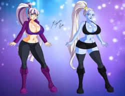 Size: 2785x2153 | Tagged: safe, artist:shinta-girl, coloratura, human, g4, breasts, busty coloratura, clothes, commission, corrosive, couple, crossover, dragon ball, dragon ball super, dragon ball z, high res, humanized, lipstick, sexy, socks, thigh highs, vados