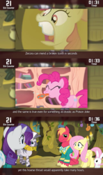 Size: 640x1080 | Tagged: safe, screencap, apple bloom, big macintosh, fluttershy, pinkie pie, rarity, zecora, earth pony, pegasus, pony, unicorn, zebra, cinemare sins, bridle gossip, filli vanilli, g4, the cutie pox, golden oaks library, zecora's hut