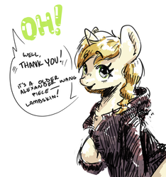 Size: 1949x2079 | Tagged: safe, artist:nobody, sweet biscuit, pony, unicorn, g4, clothes, colored sketch, dialogue, female, hoodie, looking at you, mare, simple background, sketch, solo, white background