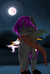 Size: 2000x3000 | Tagged: safe, artist:chapaevv, oc, oc only, oc:midnight moon, cockatrice, pony, unicorn, vampony, blood, broken horn, high res, horn, mare in the moon, moon, river, water