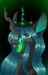 Size: 650x1012 | Tagged: source needed, safe, artist:wolfs42, queen chrysalis, changeling, changeling queen, g4, female, glowing, long tongue, queen, tongue out, watermark