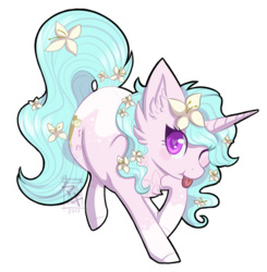 Size: 778x794 | Tagged: safe, artist:monogy, oc, oc only, oc:sweetlily, pony, unicorn, female, flower, flower in hair, flower in tail, mare, one eye closed, simple background, solo, transparent background, wink