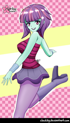 Size: 574x1000 | Tagged: safe, artist:clouddg, sunny flare, dance magic, equestria girls, equestria girls specials, g4, breasts, busty sunny flare, clothes, female, looking at you, multiple variants, raised leg, signature, solo