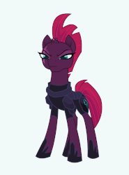 Size: 800x1080 | Tagged: safe, artist:megamanhxh, tempest shadow, pony, unicorn, g4, my little pony: the movie, animated, armor, broken horn, concave belly, eye scar, female, gif, horn, mare, movie accurate, scar, simple background, slender, solo, standing, tail, tail flick, thin, three quarter view, white background