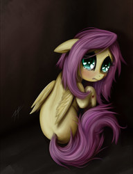 Size: 1000x1300 | Tagged: safe, artist:zetamad, fluttershy, pegasus, pony, g4, blood, crying, female, floppy ears, folded wings, injured, lip bite, looking at you, looking back, mare, raised hoof, rear view, sad, sitting, solo, teary eyes