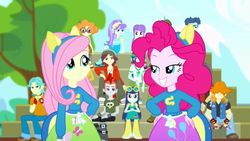 Size: 1366x768 | Tagged: safe, screencap, aqua blossom, blueberry cake, brawly beats, captain planet, crimson napalm, curly winds, fluttershy, micro chips, normal norman, pinkie pie, sandalwood, scribble dee, some blue guy, starlight, valhallen, wiz kid, equestria girls, g4, my little pony equestria girls: summertime shorts, steps of pep, background human, clothes, female, male