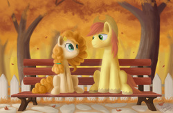 Size: 3500x2300 | Tagged: safe, artist:emeraldgalaxy, bright mac, pear butter, earth pony, pony, g4, season 7, the perfect pear, bench, cottagecore, duo, female, high res, husband and wife, male, mare, ship:brightbutter, shipping, sitting, stallion, straight