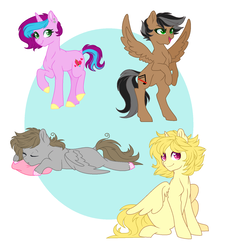 Size: 1428x1544 | Tagged: safe, artist:micky-ann, oc, oc only, oc:artsong, oc:artsy fantasy, oc:digital dusk, oc:prince lionel, alicorn, pegasus, pony, unicorn, base used, cute, female, looking at you, male, mare, pillow, rearing, sleeping, smiling, stallion
