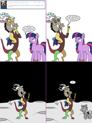 Size: 1204x1604 | Tagged: safe, artist:dekomaru, discord, princess luna, twilight sparkle, pony, moonstuck, tumblr:ask twixie, g4, ask, banana, cartographer's cap, female, filly, food, hat, moon, tumblr, woona, woonoggles, younger