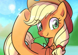 Size: 800x570 | Tagged: safe, artist:haden-2375, applejack, earth pony, pony, g4, cute, female, jackabetes, looking at you, mare, smiling, solo