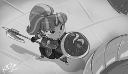 Size: 1920x1117 | Tagged: source needed, safe, artist:shonuff44, starlight glimmer, dragon, human, g4, armor, axe, chibi, commission, horn, horned humanization, humanized, monochrome, shield, weapon
