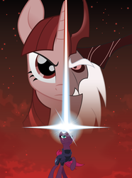 Size: 6108x8192 | Tagged: safe, artist:amarthgul, storm king, tempest shadow, twilight sparkle, pony, unicorn, g4, my little pony: the movie, absurd resolution, broken horn, eye scar, female, glowing horn, horn, looking up, magic, male, mare, movie poster, parody, raised hoof, scar, split screen, star wars, star wars: the last jedi, vector