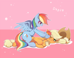 Size: 1280x1000 | Tagged: safe, artist:irenla, applejack, rainbow dash, earth pony, pegasus, pony, g4, annoyed, cowboy hat, duo, female, hat, lesbian, mare, ship:appledash, shipping, simple background, smiling, stetson, toy