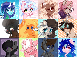 Size: 1280x960 | Tagged: safe, artist:plnetfawn, oc, oc only, oc:alo equus, hybrid, abstract background, boop, bust, collage, cross-eyed, crying, curved horn, cute, female, group, horn, male, mare, portrait, simple background, smiling, stallion, tongue out