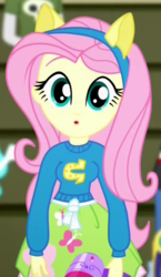 Size: 352x607 | Tagged: safe, screencap, fluttershy, eqg summertime shorts, equestria girls, g4, steps of pep, :o, breasts, busty fluttershy, confused, cropped, cute, female, open mouth, shyabetes, wondercolts, wondercolts uniform