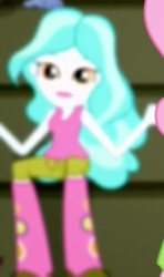 Size: 276x465 | Tagged: safe, screencap, fluttershy, paisley, equestria girls, g4, my little pony equestria girls: summertime shorts, steps of pep, blurry, boots, clothes, cropped, floral print, jeans, kneesocks, lipstick, offscreen character, offscreen human, pants, shoes, sleeveless, socks, tank top