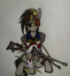 Size: 1483x1607 | Tagged: safe, artist:incrediblepanzer, oc, oc only, earth pony, pony, clothes, eyepatch, gun, solo, traditional art, weapon