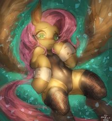 Size: 923x1000 | Tagged: safe, artist:girlsay, fluttershy, pegasus, pony, g4, blushing, clothes, cuffs (clothes), cute, female, leotard, mare, patreon, patreon logo, pixiv, shy, shyabetes, solo, stockings, teary eyes, thigh highs