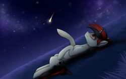 Size: 2000x1250 | Tagged: safe, artist:ognifireheart, oc, oc only, oc:blackjack, pony, unicorn, fallout equestria, fallout equestria: project horizons, female, mare, night, on back, shooting star, solo, stars