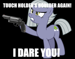 Size: 1725x1353 | Tagged: safe, artist:fruft, edit, editor:slb94, limestone pie, earth pony, pony, g4, angry, black background, cutie mark, female, gritted teeth, gun, handgun, hooves, image macro, mare, meme, revolver, simple background, solo, taurus judge, teeth, text, this will end in tears and/or death, threat, weapon