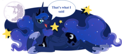 Size: 700x310 | Tagged: safe, artist:silentazrael, princess luna, alicorn, pony, g4, dialogue, female, jewelry, looking at you, mare in the moon, moon, prone, regalia, smiling, solo